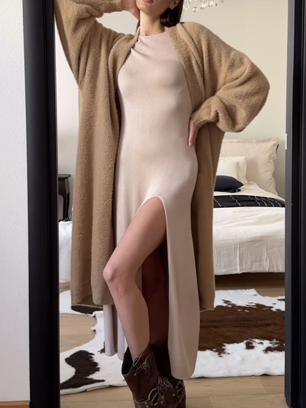 Side Slit Round Neck Long Sleeve Dress - Teresa's Fashionista LLC