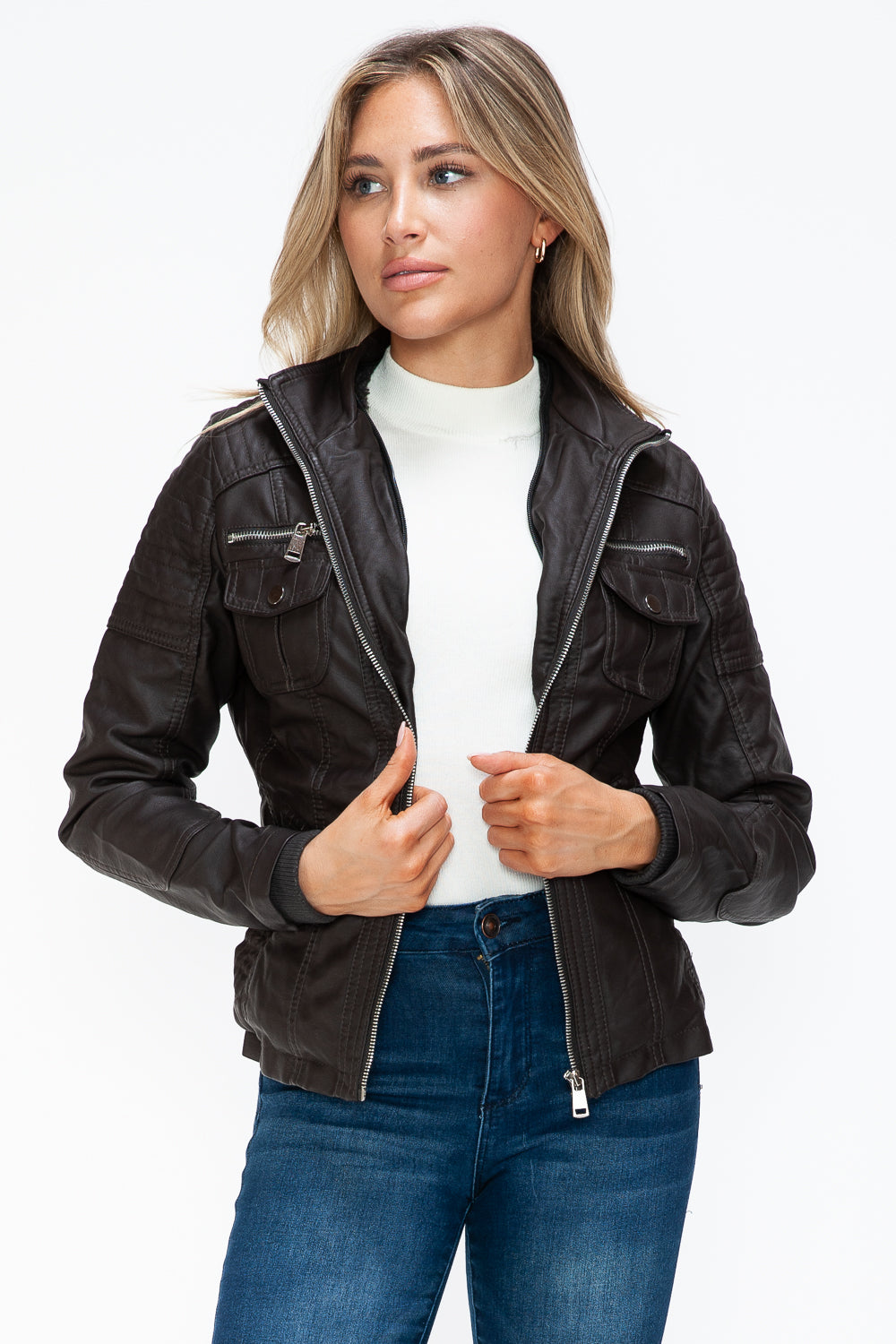 YMI Removable Faux Layered Multi-Pocket Jacket with Fuzzy Hood - Teresa's Fashionista LLC