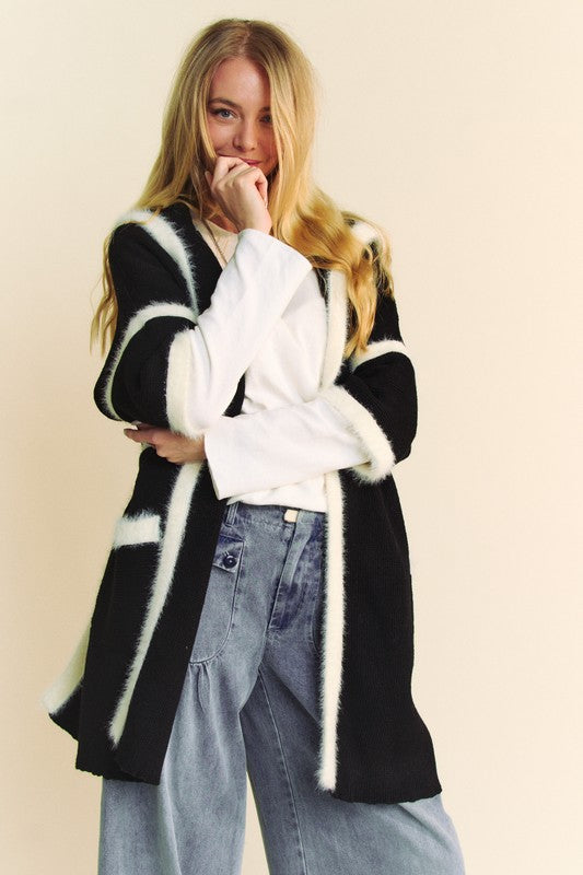 Davi & Dani Fuzzy Trim Open Front Loose Fit Cardigan - Teresa's Fashionista LLC