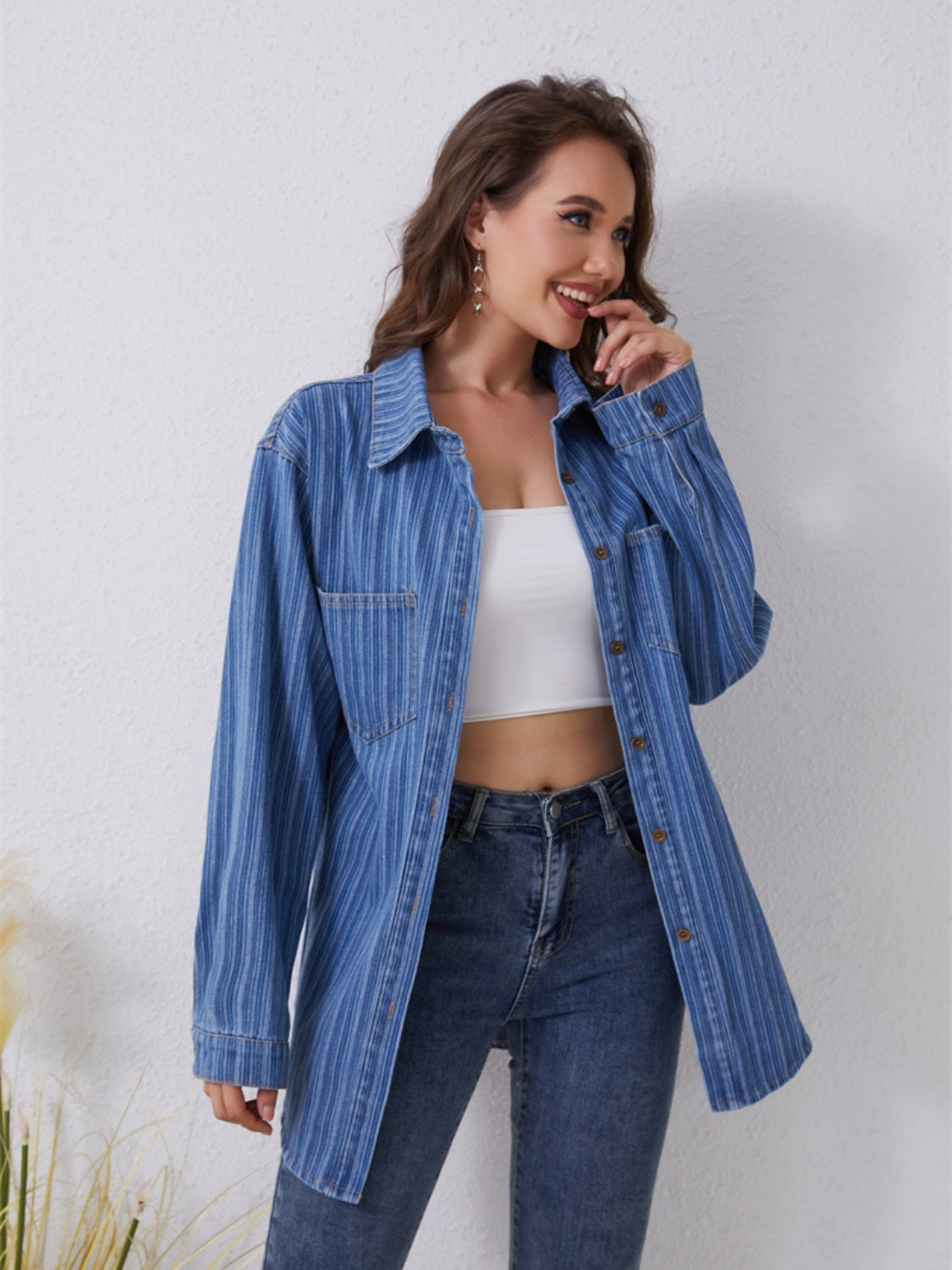 Pocketed Striped Button Up Denim Shirt-Teresa&#39;s Fashionista LLC