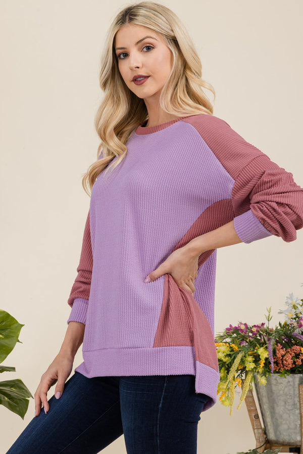 Celeste Full Size High-Low Contrast Round Neck Sweatshirt - Teresa's Fashionista LLC