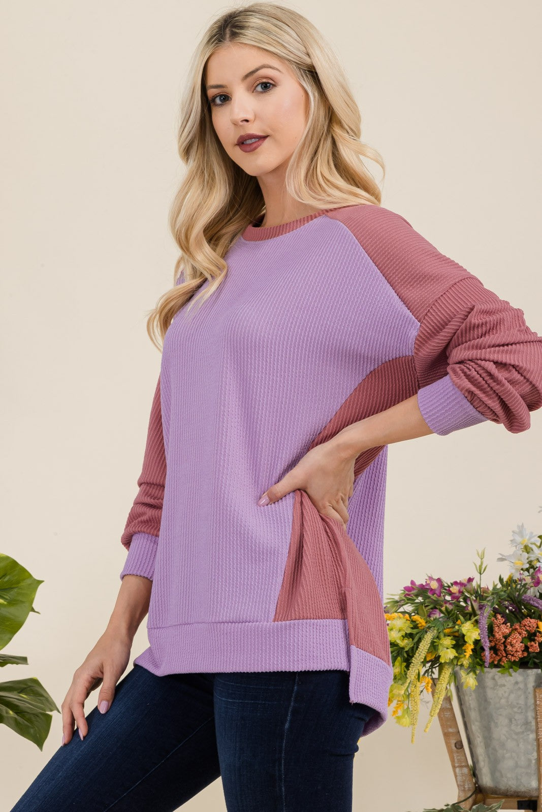 Celeste Full Size High-Low Contrast Round Neck Sweatshirt - Teresa's Fashionista LLC