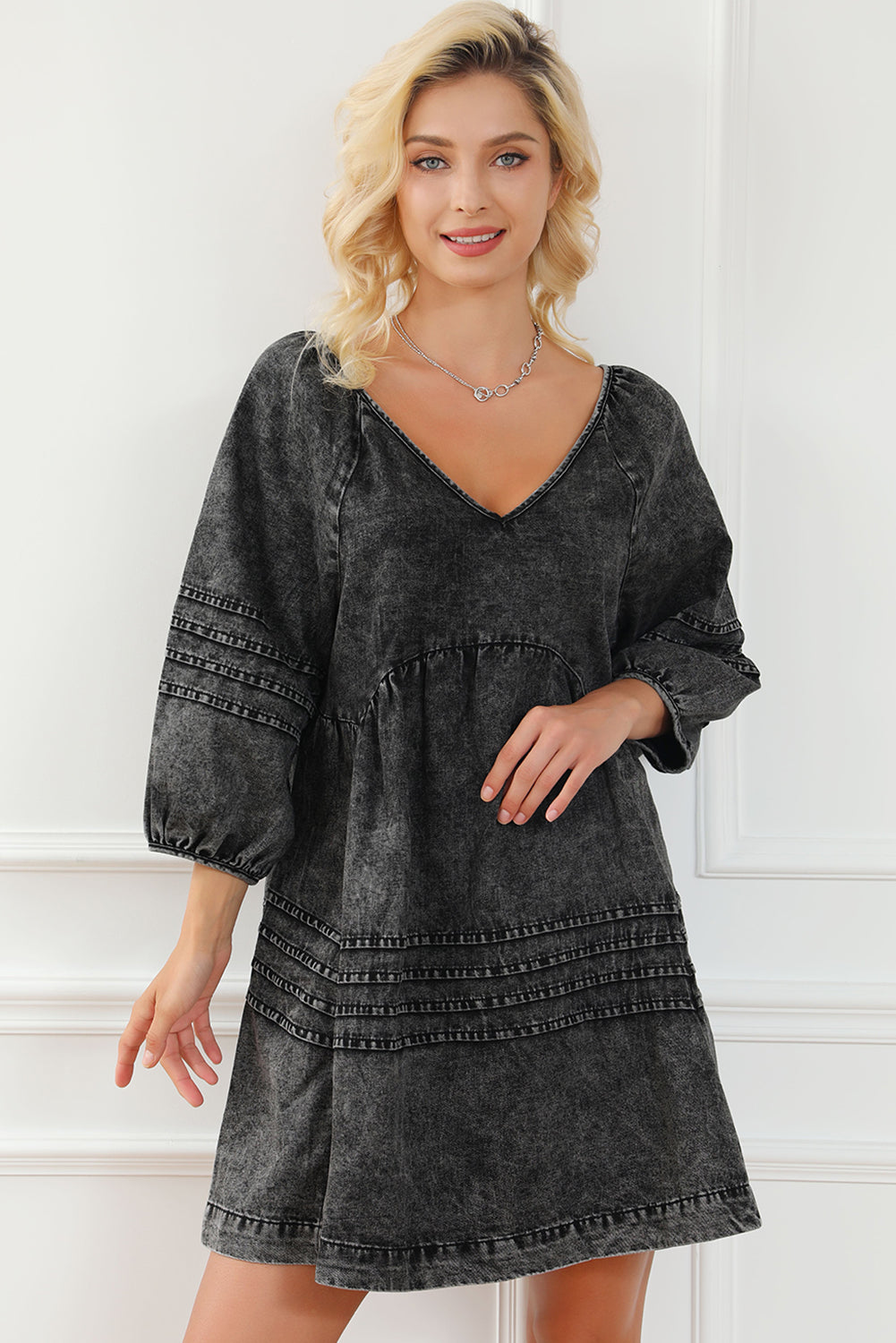 V-Neck Tie Back Mini Denim Dress-Teresa&#39;s Fashionista LLC
