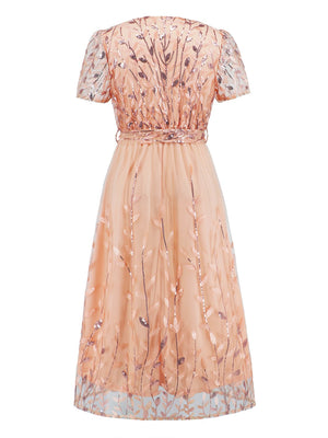 Sequin Leaf Embroidery Tie Front Short Sleeve Dress-Teresa's Fashionista LLC