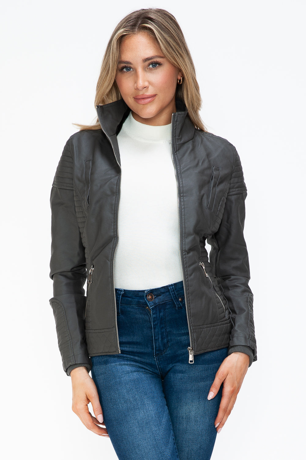 YMI Faux Layered Double-Zipper Jacket with Fuzzy Hood - Teresa's Fashionista LLC