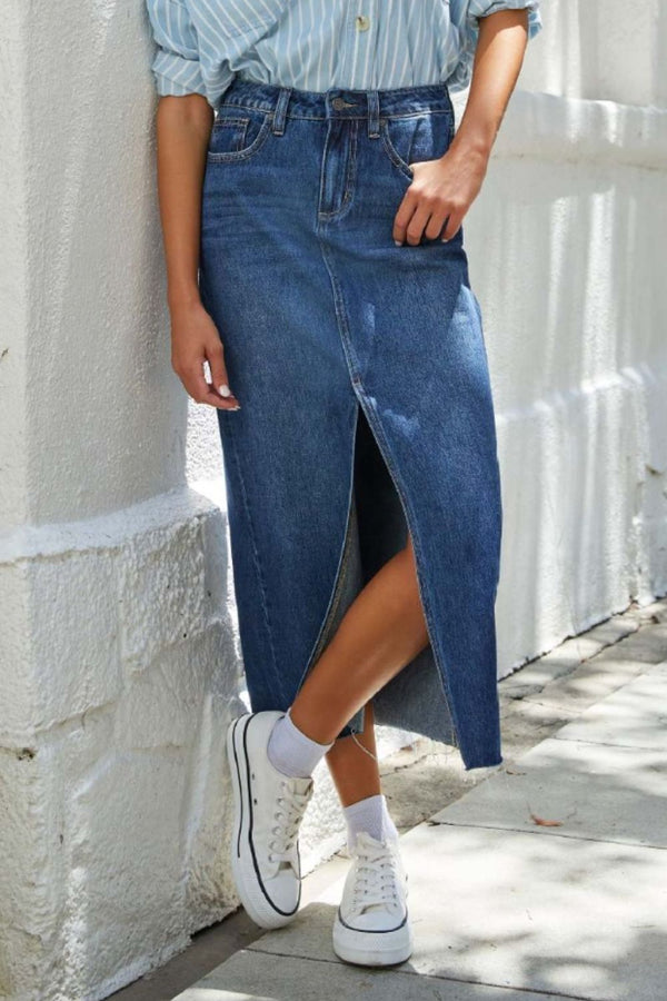 Slit Raw Hem Midi Denim Skirt-Teresa's Fashionista LLC