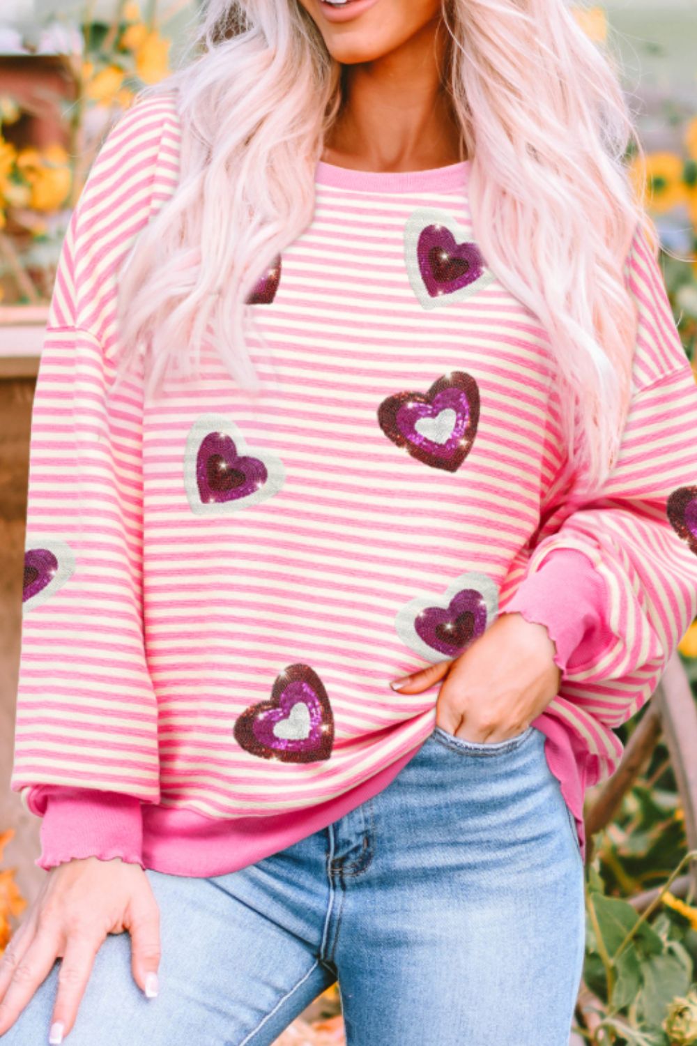 Valentine’s Day Sequin Heart Striped Round Neck Long Sleeve Sweatshirt - Teresa's Fashionista LLC