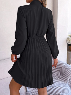 Tie Neck Balloon Sleeve Pleated Dress-Teresa's Fashionista LLC
