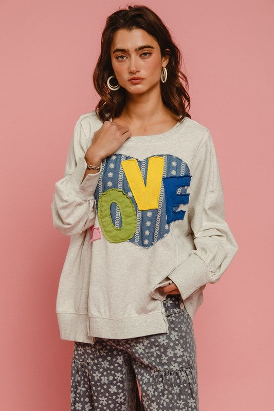 BiBi LOVE Heart Patch Slit French Terry Sweatshirt - Teresa's Fashionista LLC