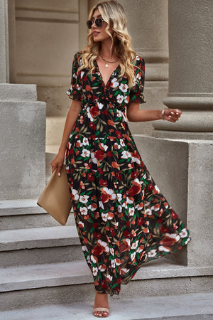 Floral V-Neck Short Flounce Sleeve Dress-Teresa's Fashionista LLC