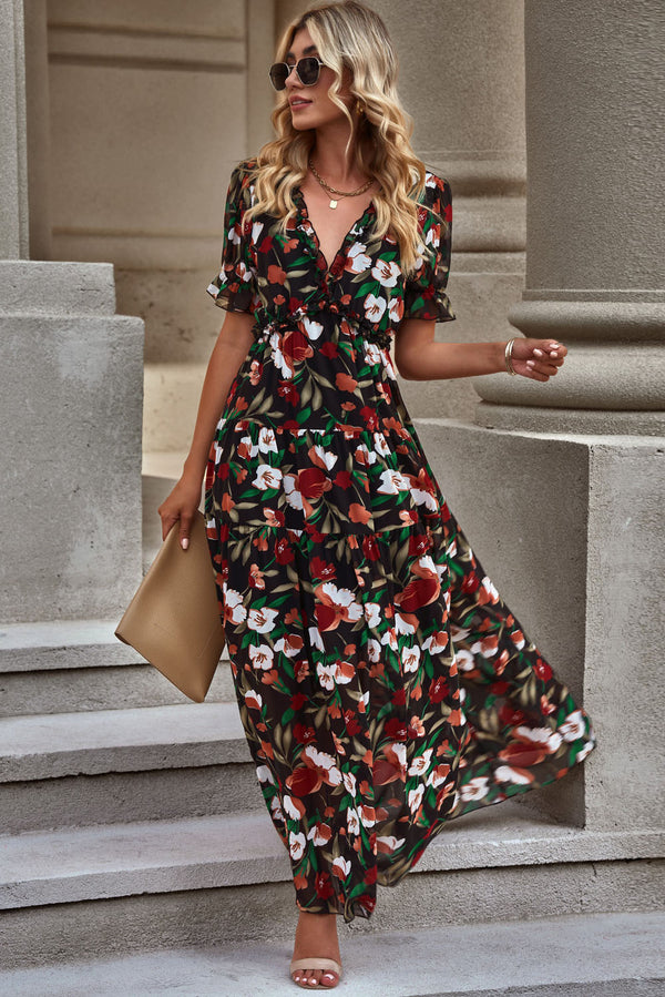 Floral V-Neck Short Flounce Sleeve Dress-Teresa's Fashionista LLC