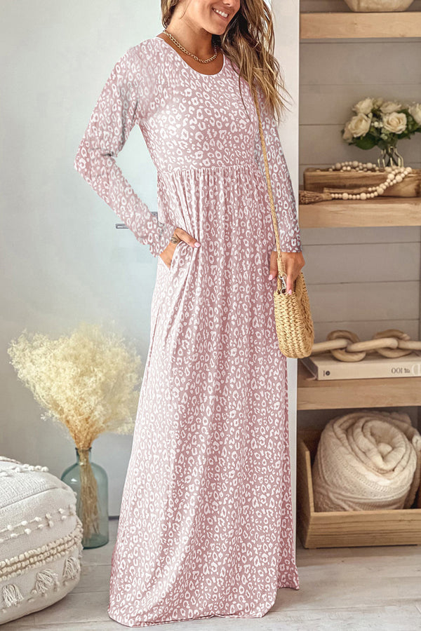 Leopard Round Neck Long Sleeve Maxi Dress-Teresa's Fashionista LLC