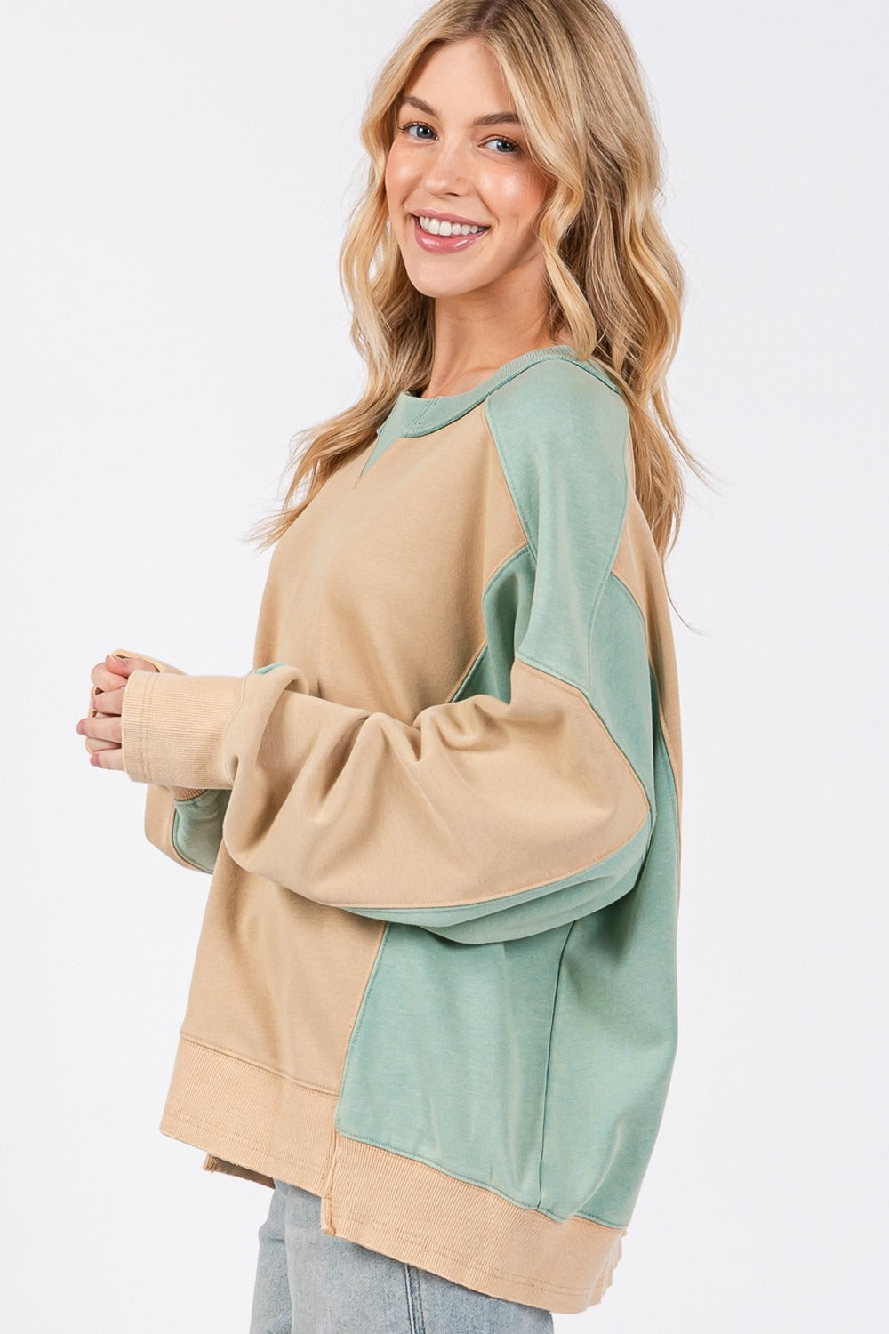 SAGE + FIG Color Block Round Neck Sweatshirt - Teresa's Fashionista LLC