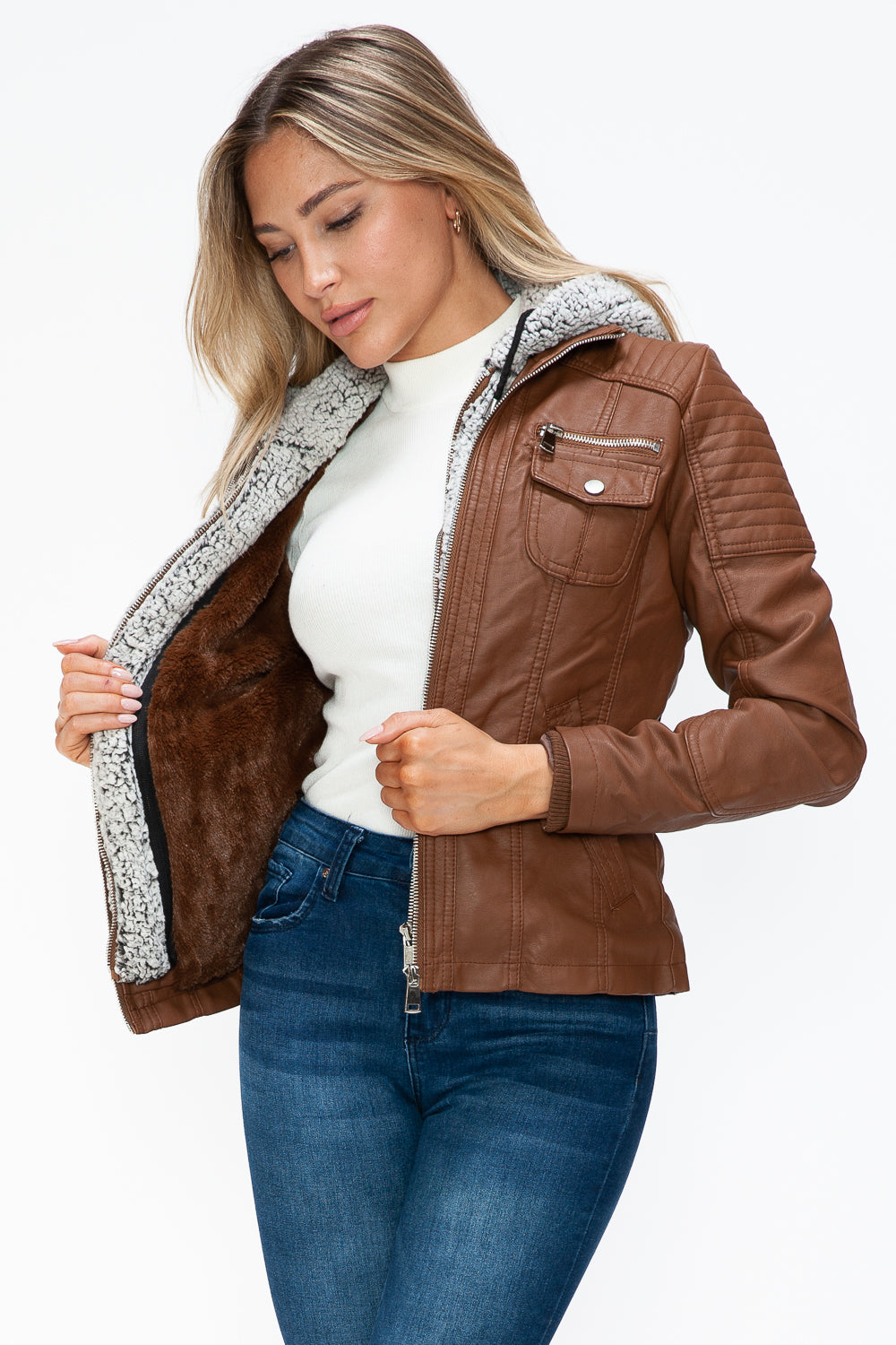 YMI Removable Faux Layered Multi-Pocket Jacket with Fuzzy Hood - Teresa's Fashionista LLC