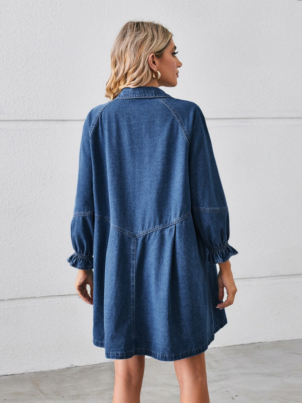 Button Up Flounce Sleeve Mini Denim Dress-Teresa's Fashionista LLC