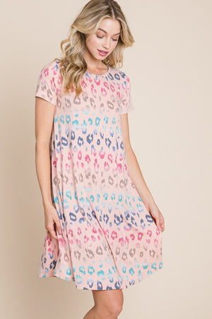 BOMBOM Leopard Round Neck Short Sleeve Dress-Teresa's Fashionista LLC