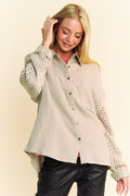 Davi & Dani Crochet Sleeve Crinkled Texture Shirt - Teresa's Fashionista LLC