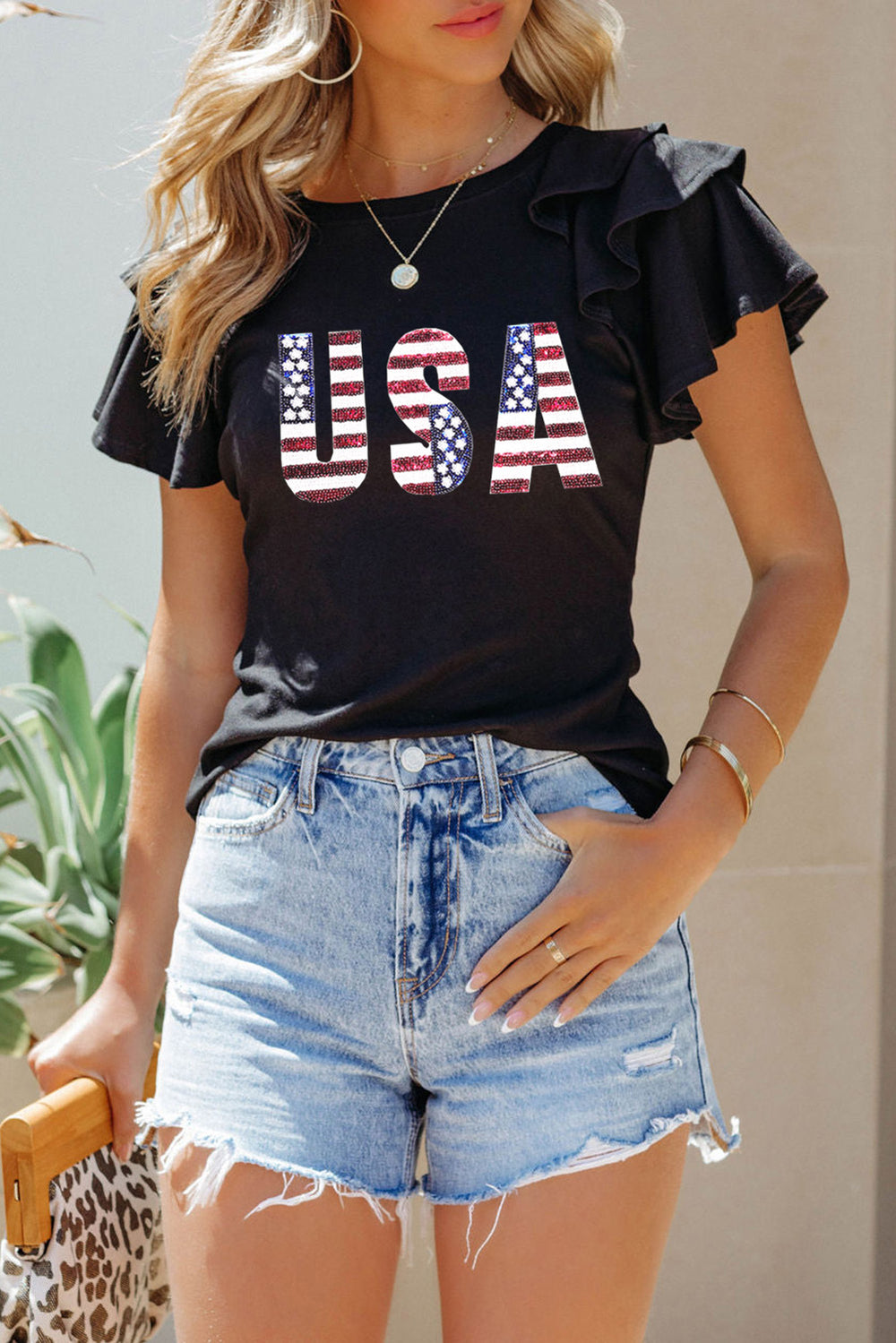 USA Round Neck Flounce Sleeve Top-Teresa's Fashionista LLC