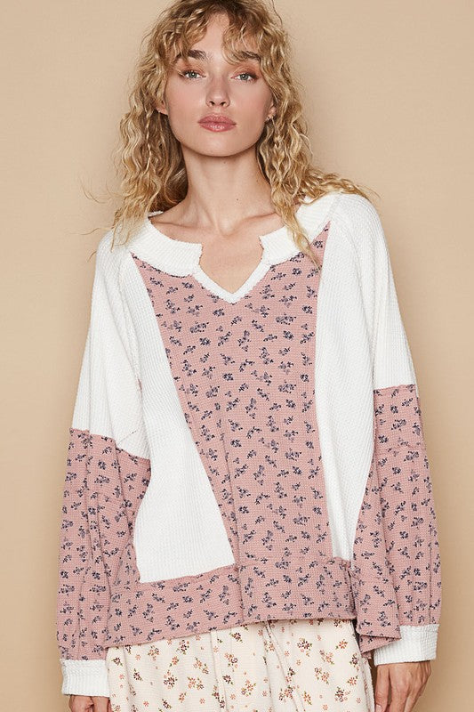 POL Waffle Knit Floral Notched Long Sleeve Top - Teresa's Fashionista LLC