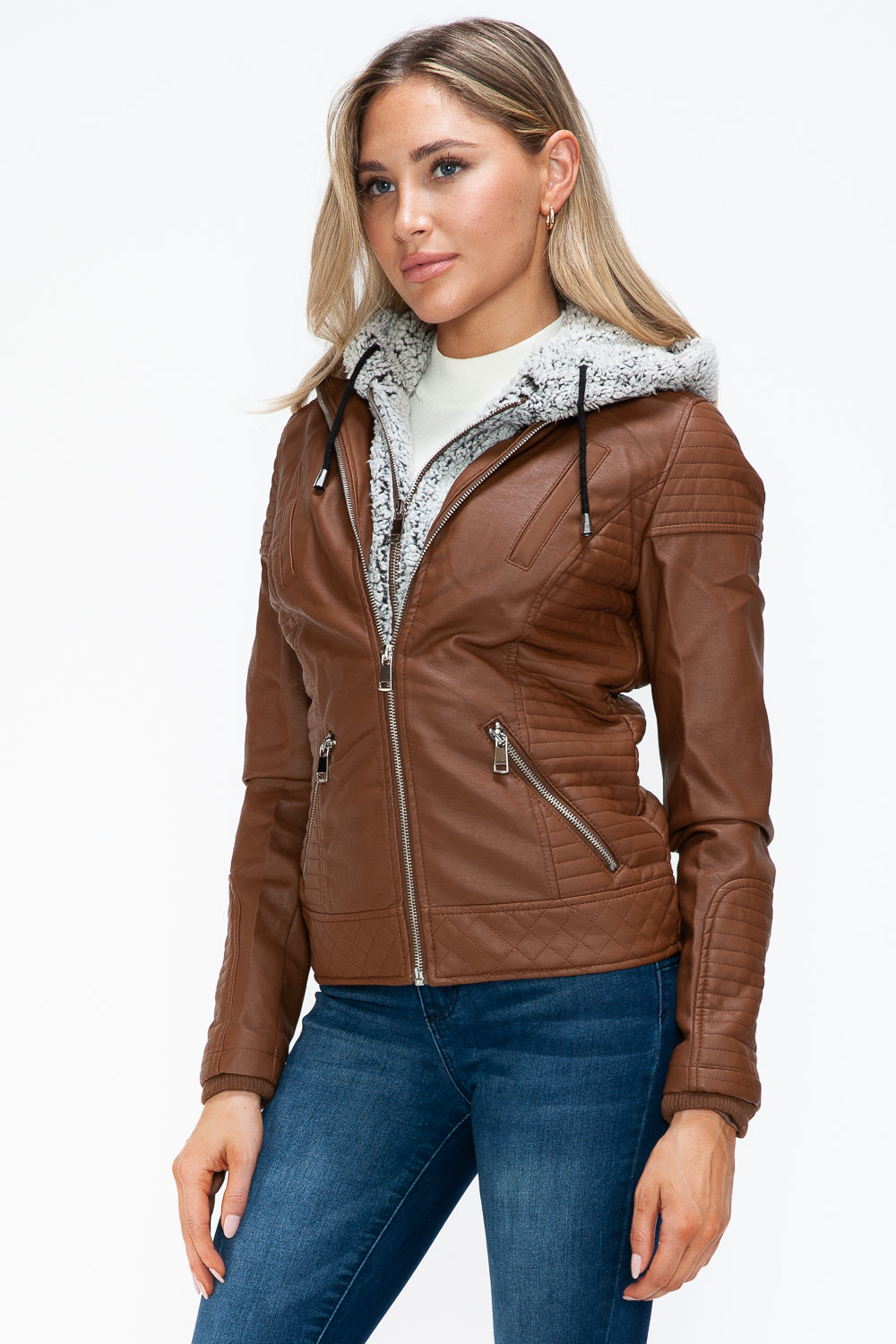 YMI Faux Layered Double-Zipper Jacket with Fuzzy Hood - Teresa's Fashionista LLC