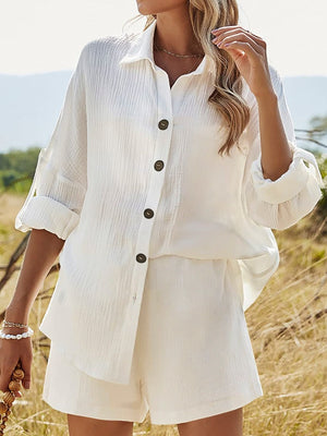 Texture Button Up Shirt and Shorts Set-Teresa's Fashionista LLC
