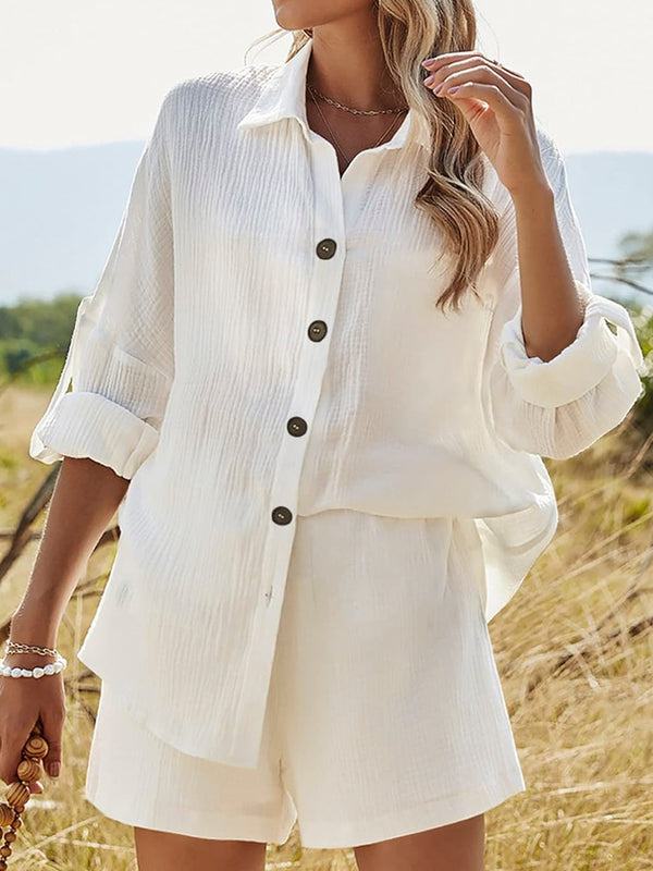 Texture Button Up Shirt and Shorts Set-Teresa's Fashionista LLC
