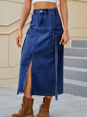 Slit Pocketed High Waist Denim Skirt-Teresa's Fashionista LLC