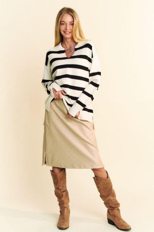 Davi & Dani High-Low Side Slit Striped Johnny Collar Sweater - Teresa's Fashionista LLC
