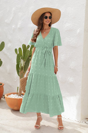 Swiss Dot Tied Surplice Short Sleeve Dress-Teresa's Fashionista LLC