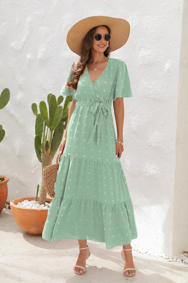 Swiss Dot Tied Surplice Short Sleeve Dress-Teresa's Fashionista LLC