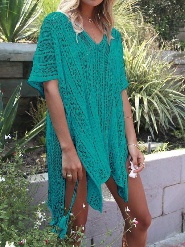 Cutout V-Neck Cover-Up with Tassel-Teresa's Fashionista LLC