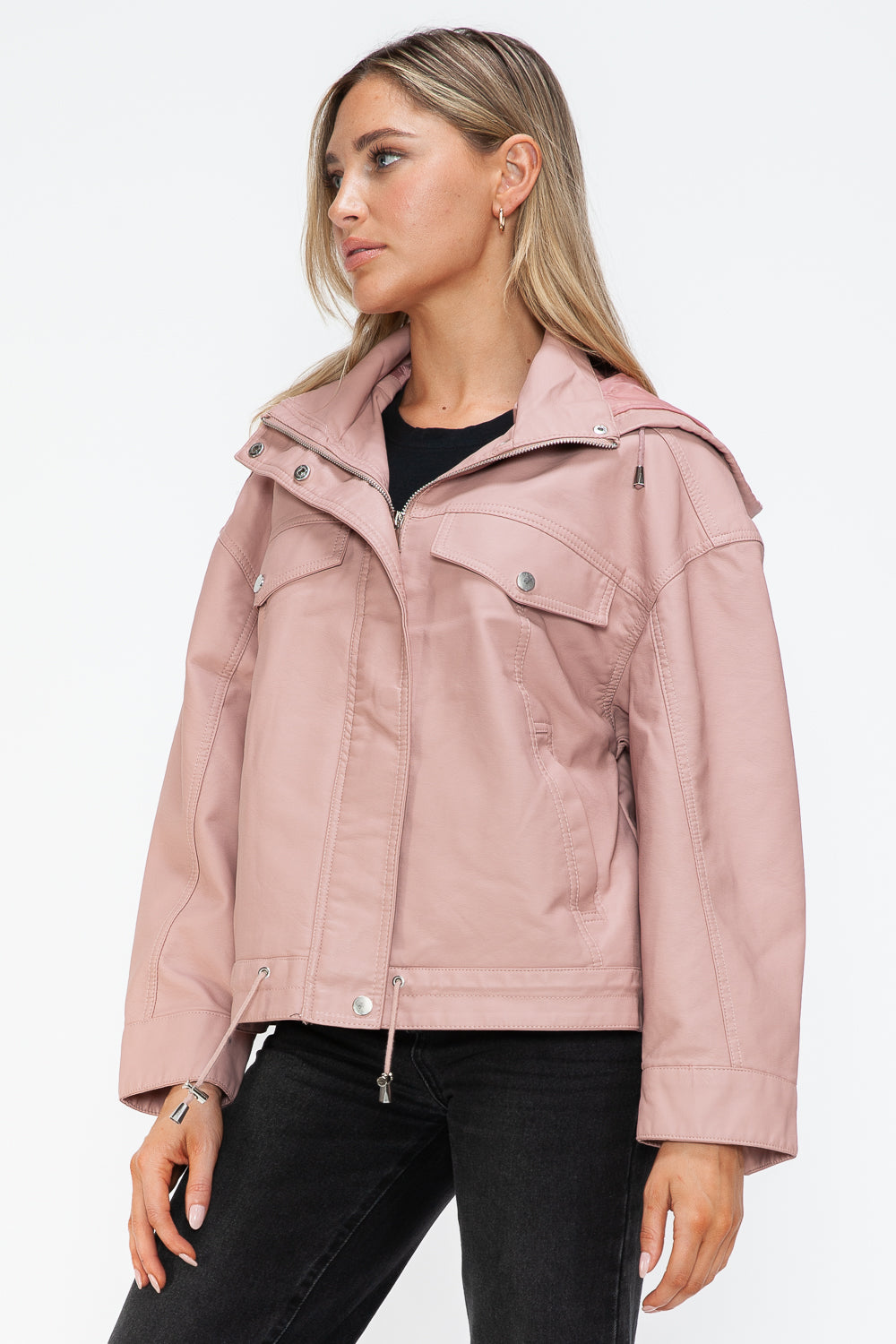 How Dare U Drawstring Hem PU Leather Zip Up Jacket - Teresa's Fashionista LLC