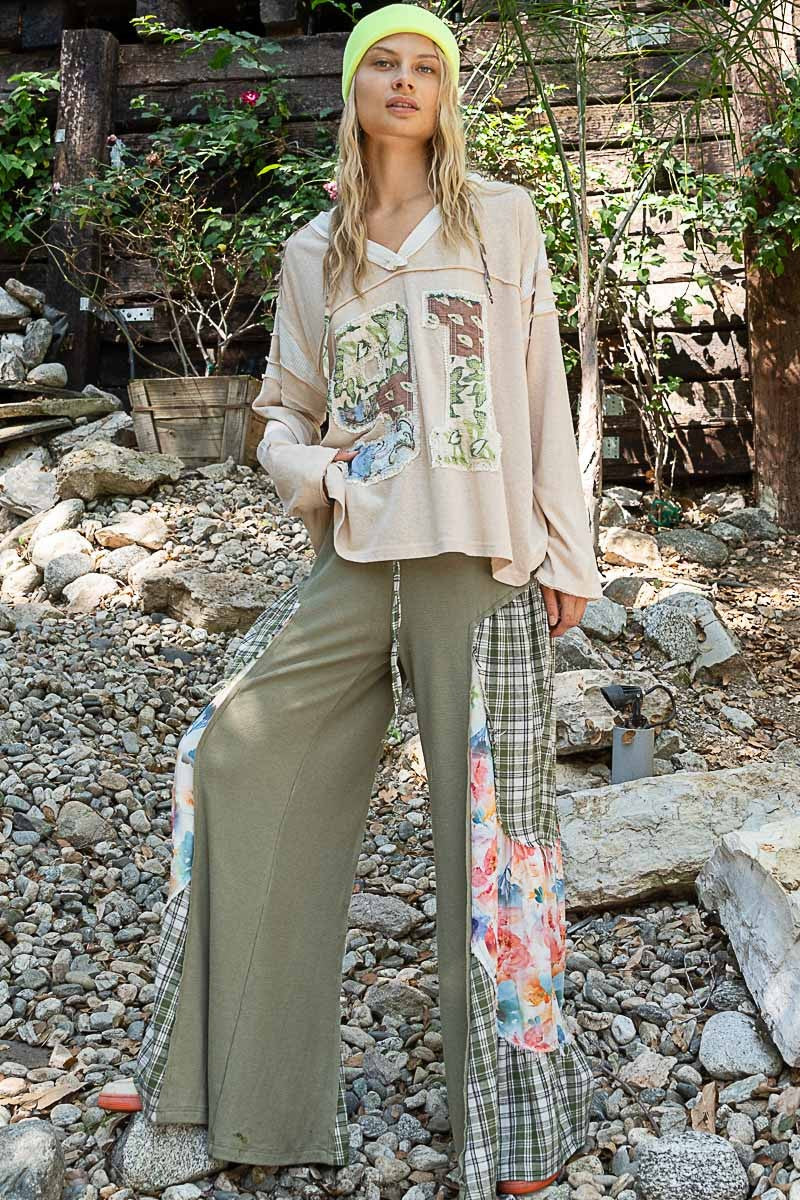 POL Exposed Seam Number Patch V-Neck Hooded Top - Teresa's Fashionista LLC
