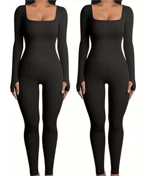 Women's Yoga Sports Fitness Jumpsuit Workout Long Sleeve Square Collar Clothing - Teresa's Fashionista LLC