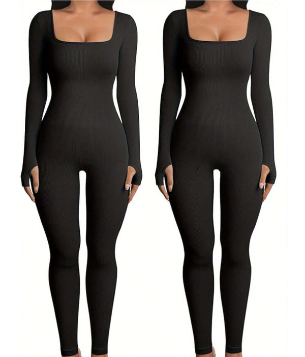 Women's Yoga Sports Fitness Jumpsuit Workout Long Sleeve Square Collar Clothing - Teresa's Fashionista LLC