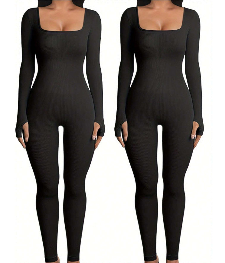 Women's Yoga Sports Fitness Jumpsuit Workout Long Sleeve Square Collar Clothing - Teresa's Fashionista LLC