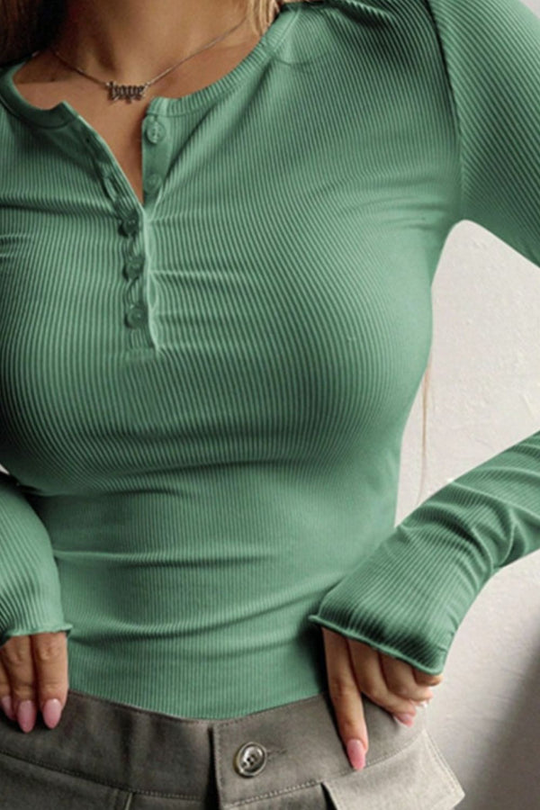 Half Button Long Sleeve T-Shirt-Teresa's Fashionista LLC