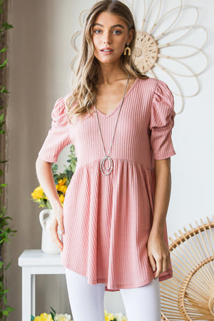 Heimish Full Size Waffle Knit V-Neck Babydoll Top-Teresa's Fashionista LLC