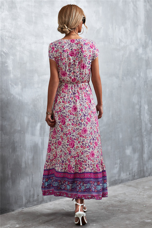 V-Neck Short Sleeve Printed Maxi Dress-Teresa's Fashionista LLC