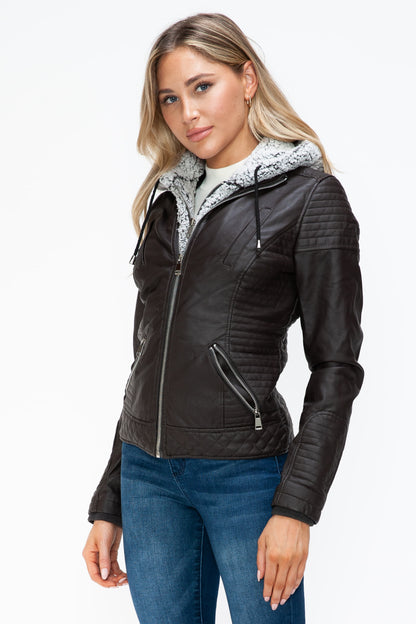 YMI Faux Layered Double-Zipper Jacket with Fuzzy Hood - Teresa's Fashionista LLC