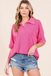 BOMBOM Ribbed Collared Neck Top