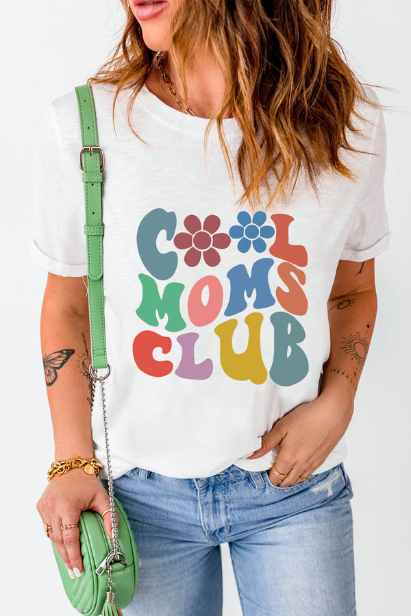 COOL MOMS CLUB round neck short sleeve T-shirt with colorful retro text design.
