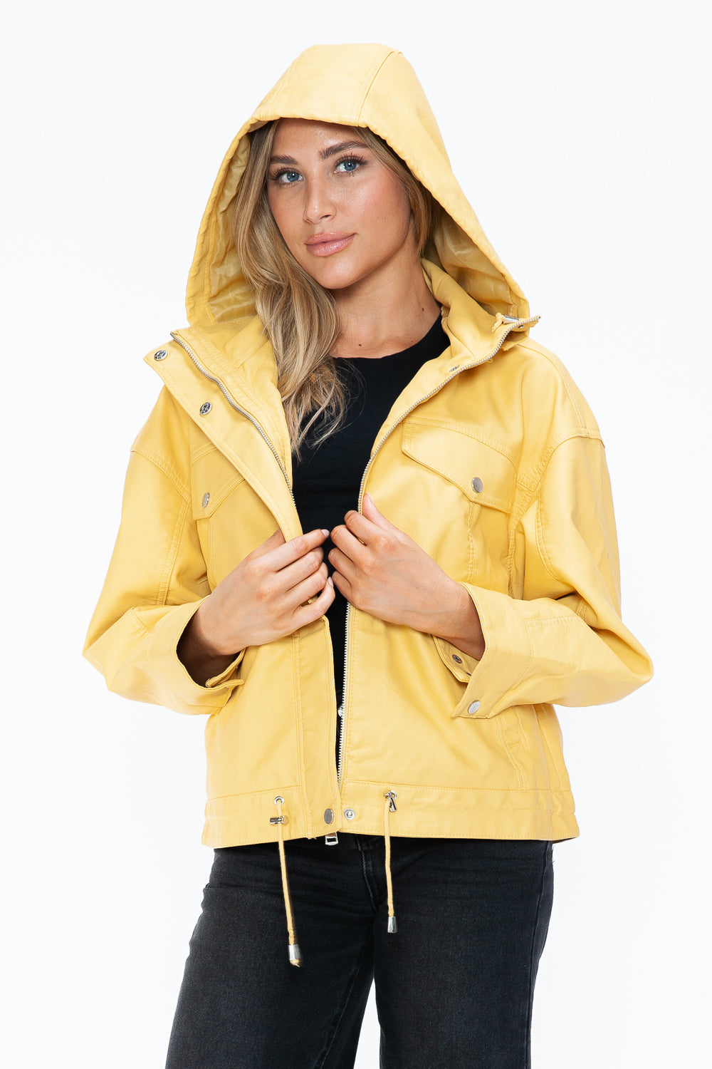 How Dare U Drawstring Hem PU Leather Zip Up Jacket - Teresa's Fashionista LLC