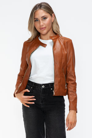 Snobbish Faux Leather Zip Up Drawstring Hooded Jacket - Teresa's Fashionista LLC