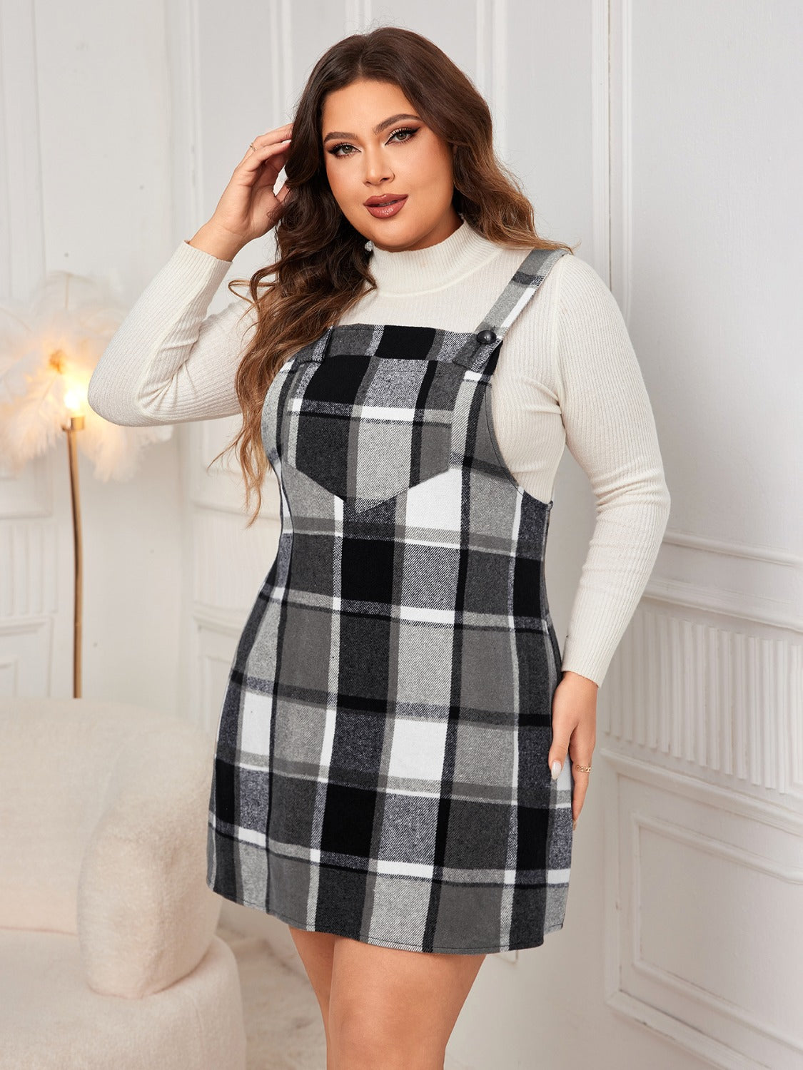 Honey Plus Size Plaid Wide Strap Overall Dress - Teresa's Fashionista LLC