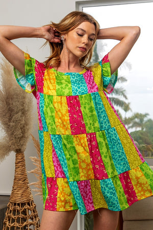 BiBi Leopard Short Sleeve Tiered Dress-Teresa's Fashionista LLC