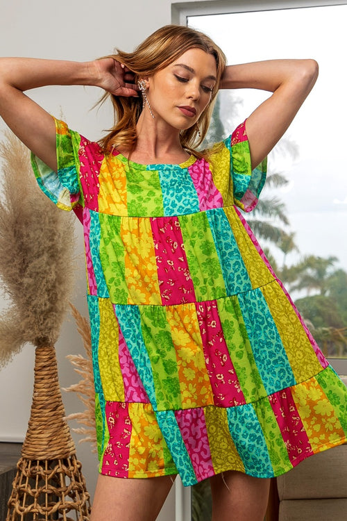 BiBi Leopard Short Sleeve Tiered Dress-Teresa's Fashionista LLC