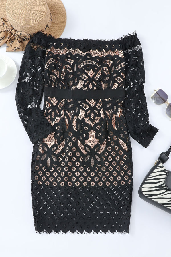 Off-Shoulder Long Sleeve Lace Dress-Teresa's Fashionista LLC