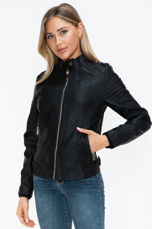 Snobbish PU Leather Biker Jacket with Side Zip Pockets - Teresa's Fashionista LLC