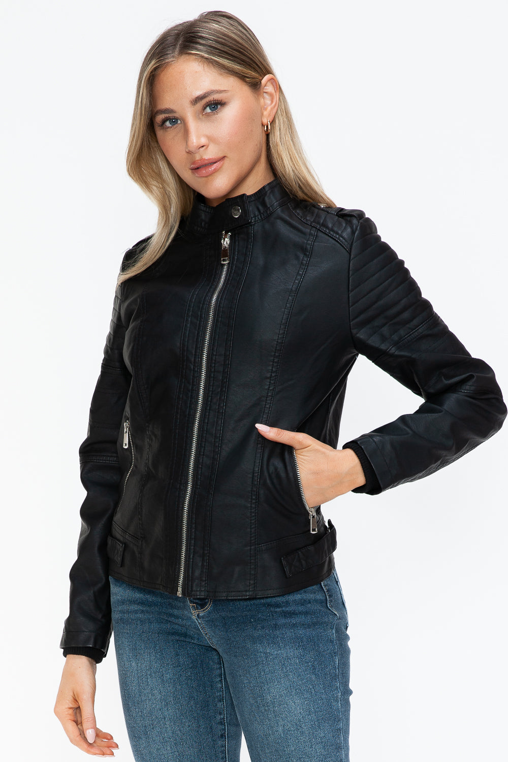 Snobbish PU Leather Biker Jacket with Side Zip Pockets - Teresa's Fashionista LLC